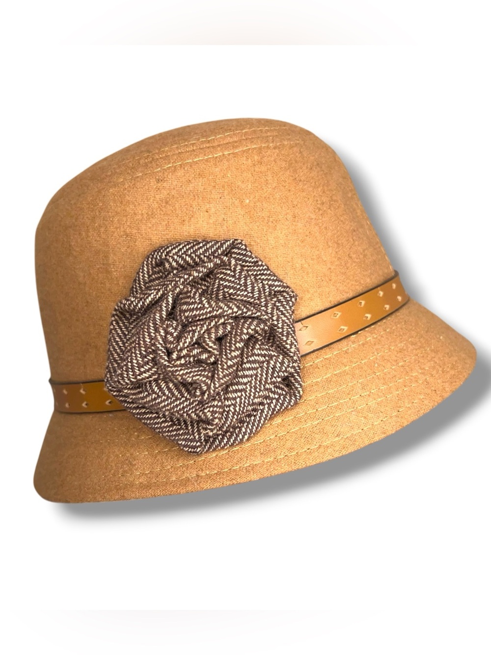 Relativity Y2K Bucket Wool Blend Retro Hat Rosette Accent Beige Tan Brown